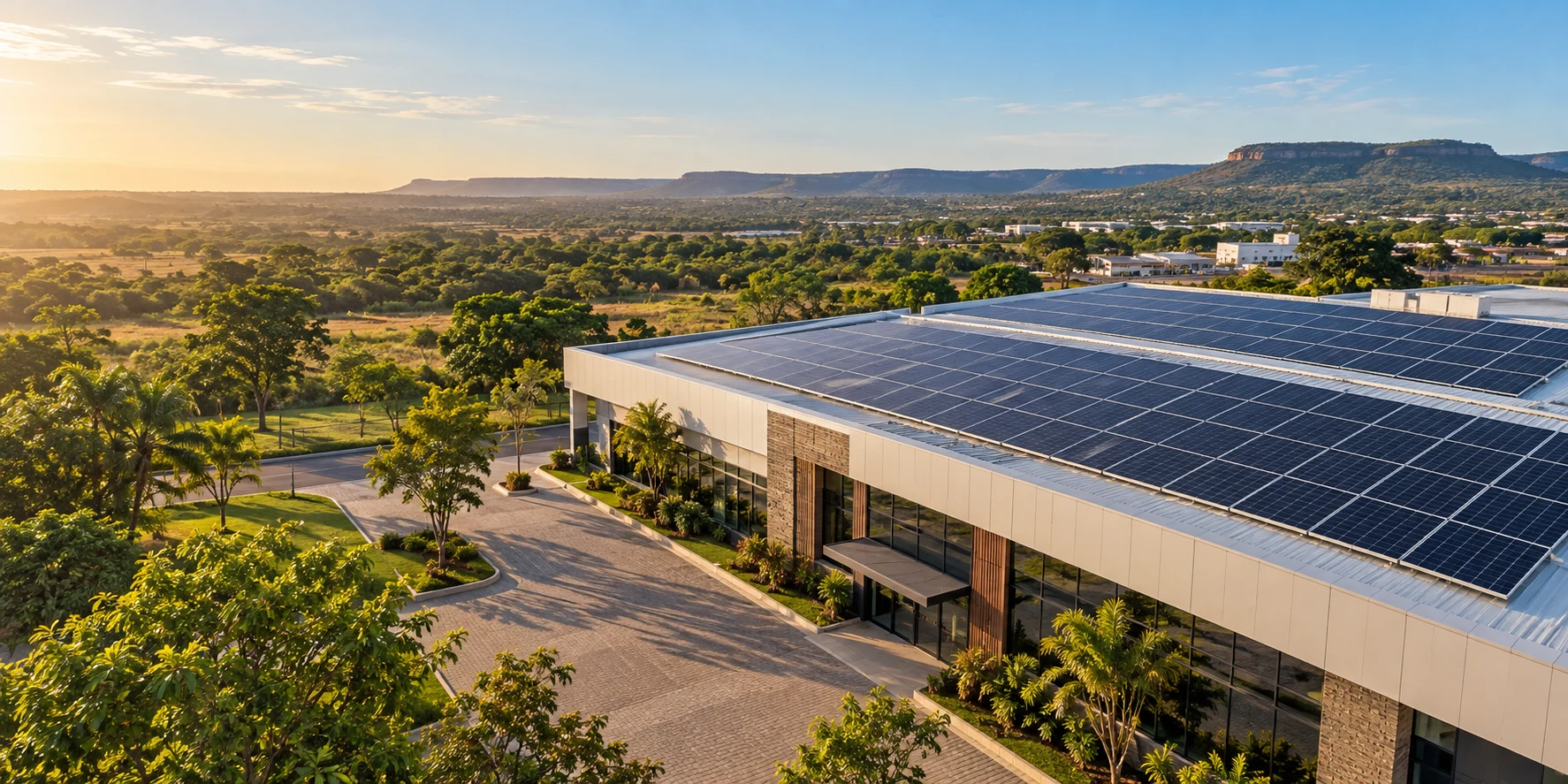 Representação ilustrativa de uma aplicação de energia fotovoltaica em uma edificação